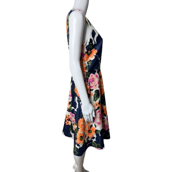 Donna Morgan Dress Women 6 Navy Orange Floral Flower Fit & Flare Colorful Preppy - Picture 2 of 8